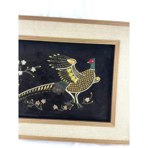 VTG Pheasant Bird Black Velvet Felt Beaded Rhinestones Art Wooden Frame MCM - Picture 5 of 16